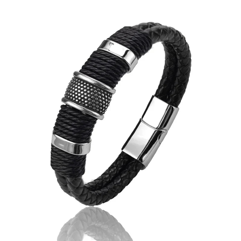 Sterling | Mens Bracelet Leather Wrap Stainless Steel Casual