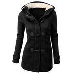 Juliette | Wool Blend Faux Fur Hood Fleece Zip Up Long Black Pink Coat Jacket — Black
