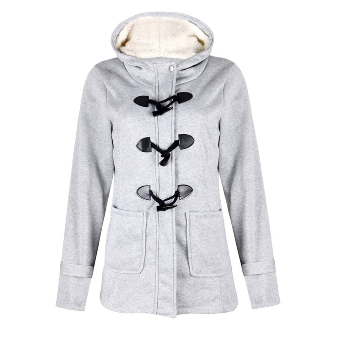 Juliette | Wool Blend Faux Fur Hood Fleece Zip Up Long Black Pink Coat Jacket — Light Grey