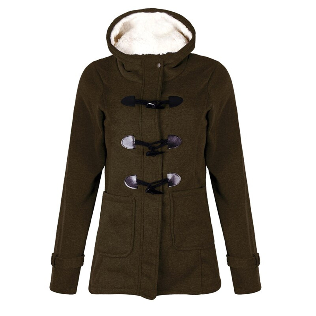 Juliette | Wool Blend Faux Fur Hood Fleece Zip Up Long Black Pink Coat Jacket — Olive Green