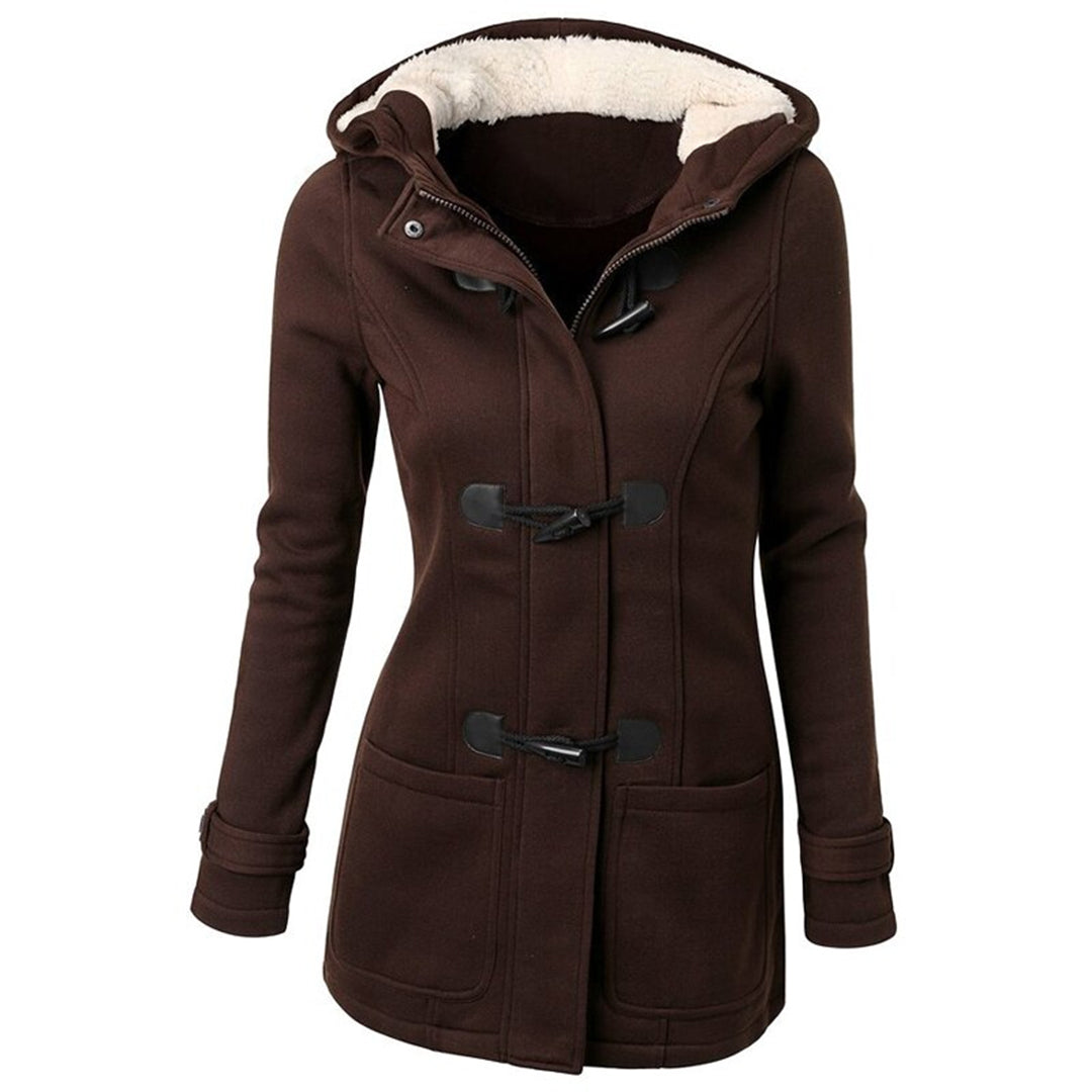 Juliette | Wool Blend Faux Fur Hood Fleece Zip Up Long Black Pink Coat Jacket — Dark Brown