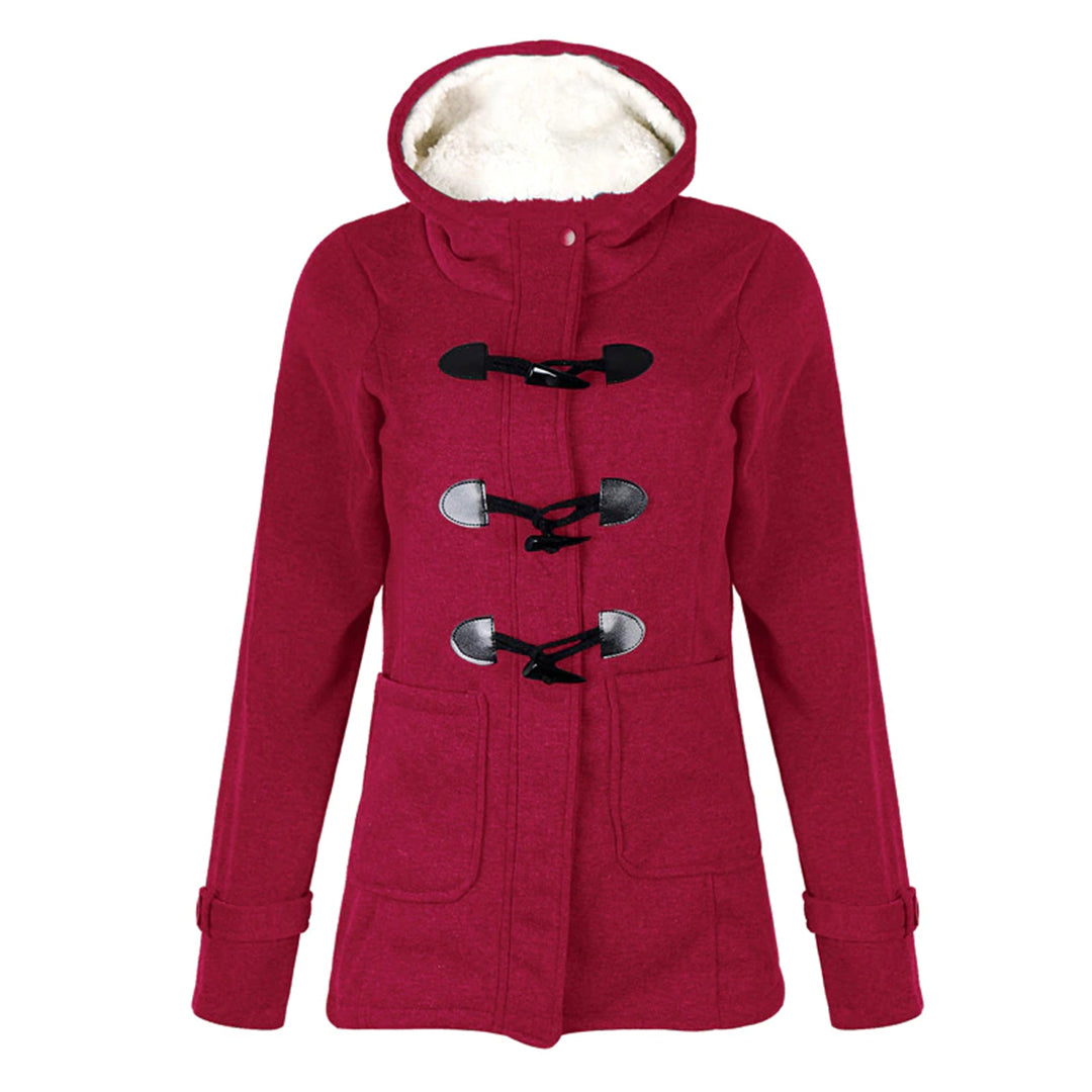 Juliette | Wool Blend Faux Fur Hood Fleece Zip Up Long Black Pink Coat Jacket — Red