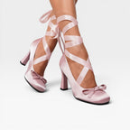 Honorine | Gold Block Heels For Wedding With Ribbon Lace Up