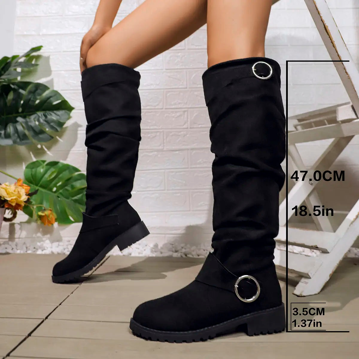 Flavie | Chunky Knee High Wide Fit Slouchy Boots — Black