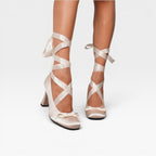Honorine | Gold Block Heels For Wedding With Ribbon Lace Up