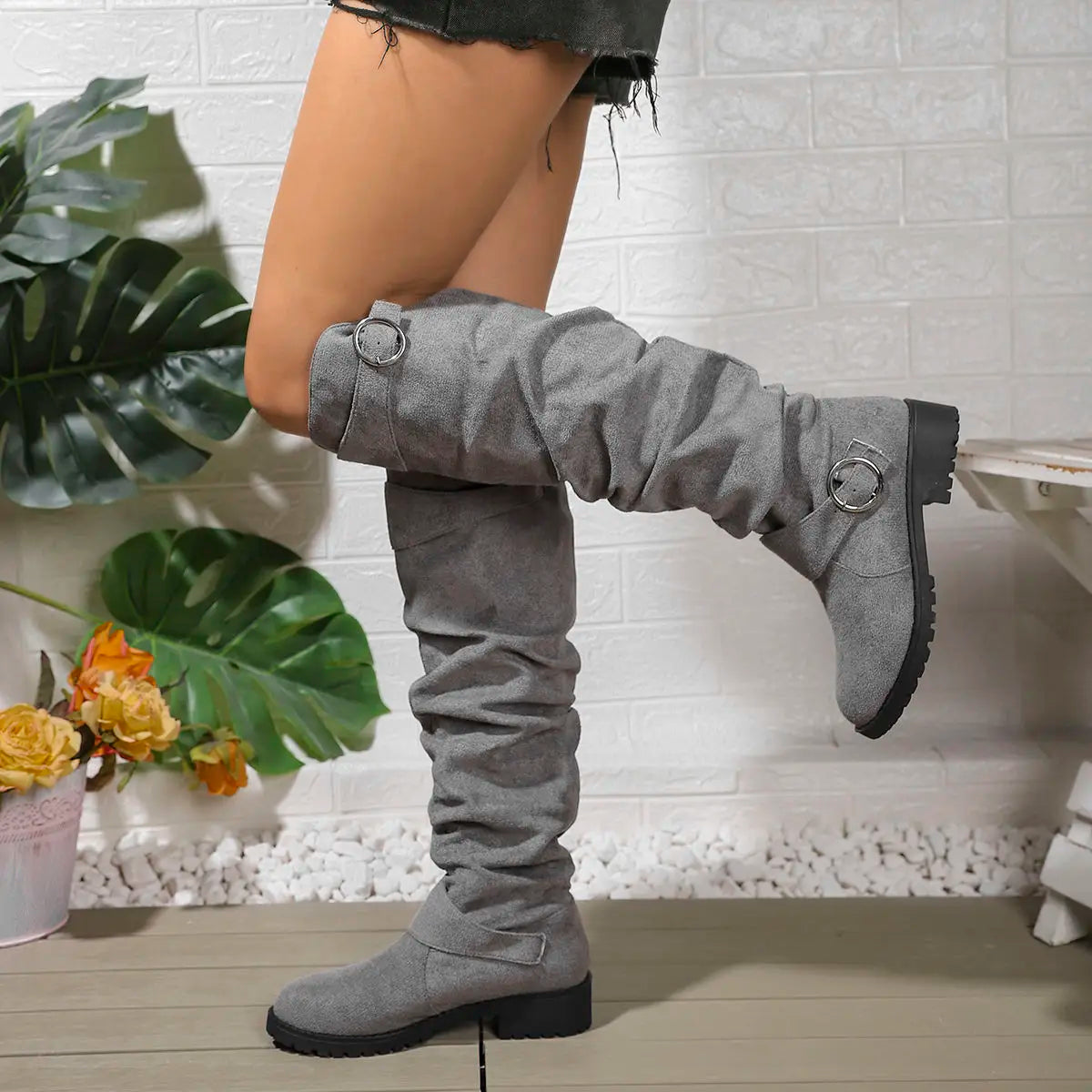 Flavie | Chunky Knee High Wide Fit Slouchy Boots — Light Grey