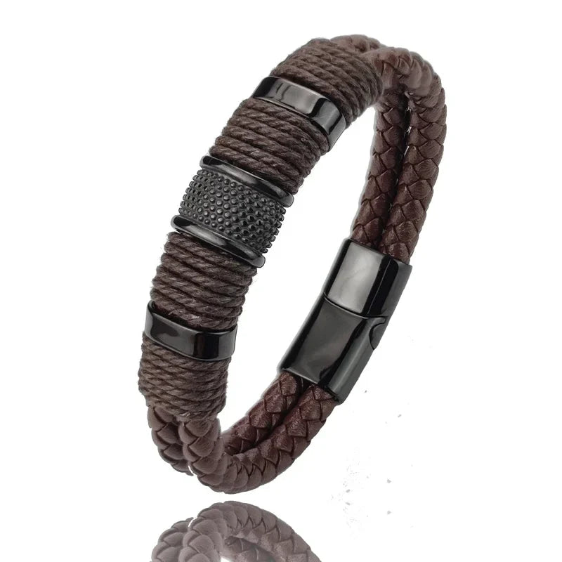 Sterling | Mens Bracelet Leather Wrap Stainless Steel Casual