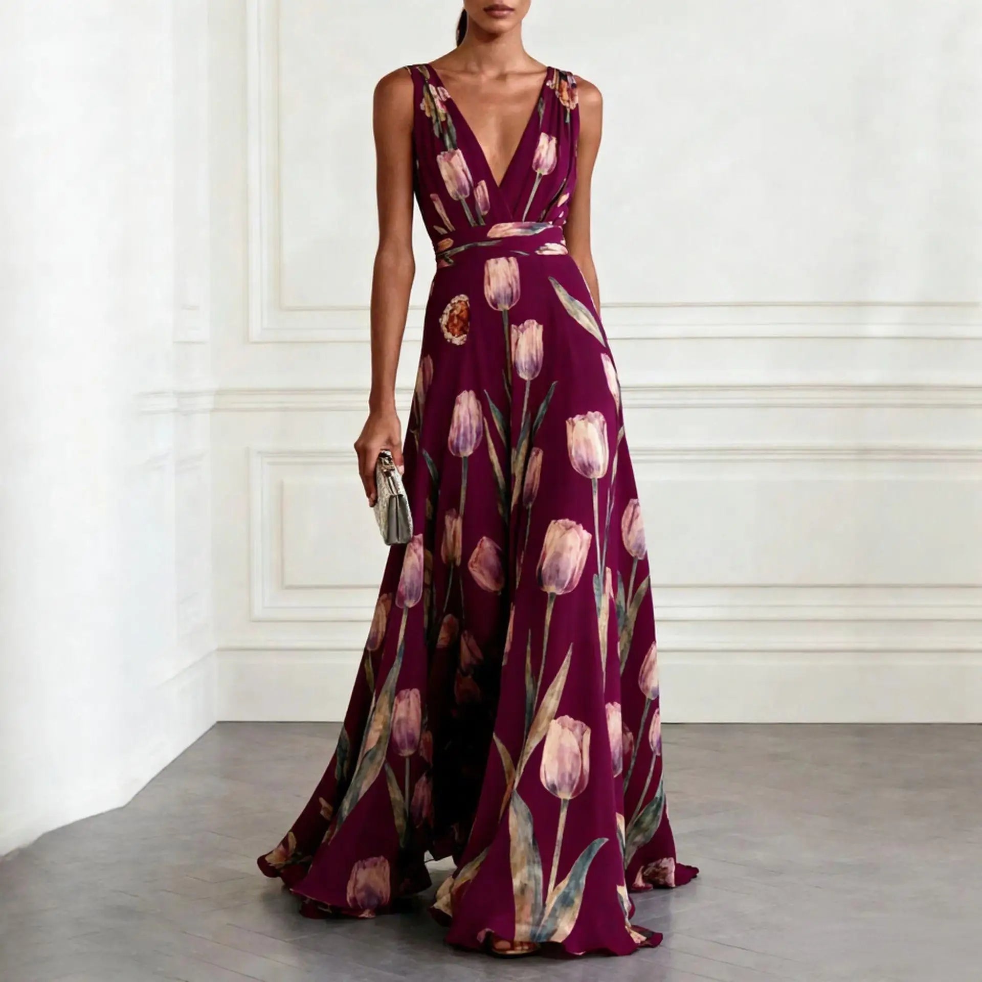 Josephine | Tulip Print V-Neck Maxi Wedding Guest Dress