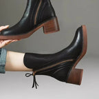 Elodie | Black Brown Leather Low Heel Ankle Heeled Boots