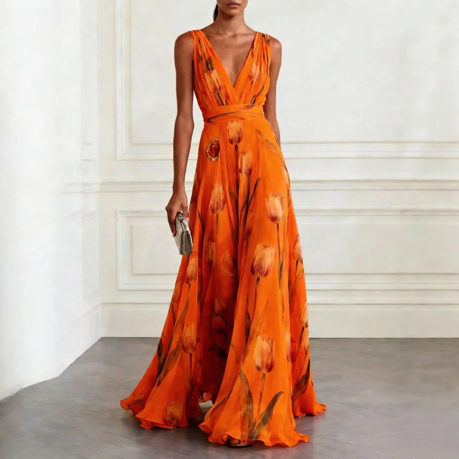 Josephine | Tulip Print V-Neck Maxi Wedding Guest Dress