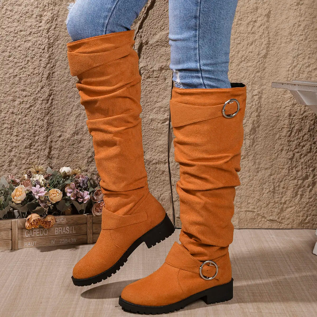 Flavie | Chunky Knee High Wide Fit Slouchy Boots — Orange