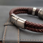 Sterling | Mens Bracelet Leather Wrap Stainless Steel Casual