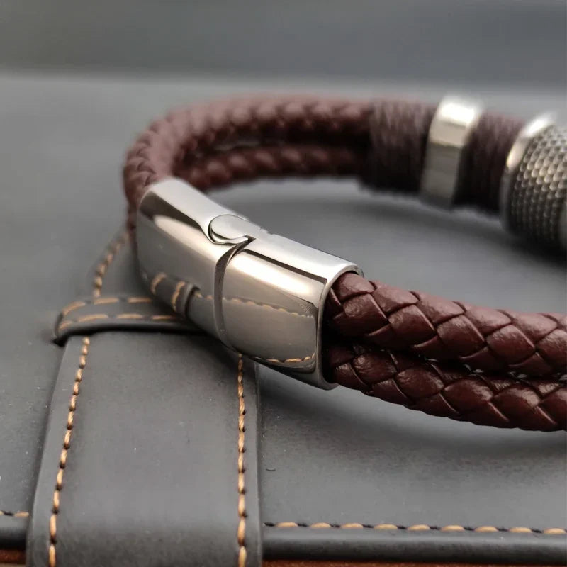 Sterling | Mens Bracelet Leather Wrap Stainless Steel Casual