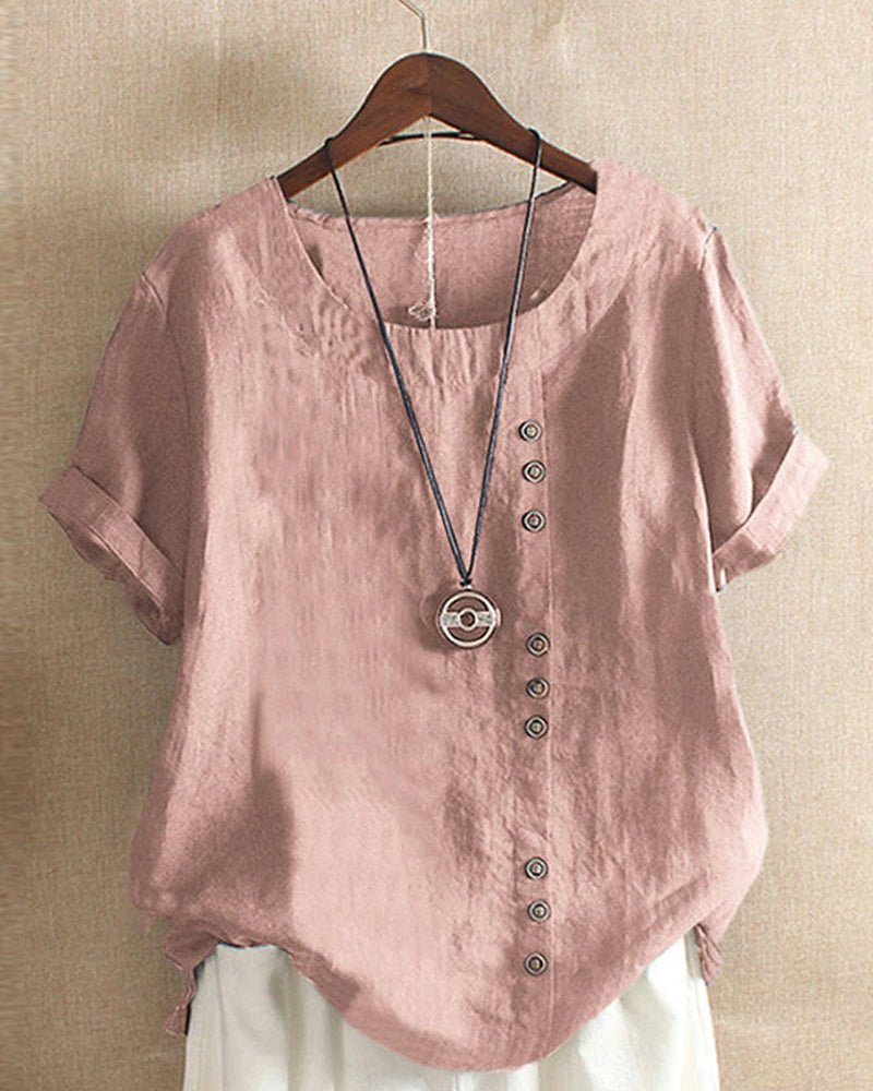 Quintessa | Linen Short Sleeve Button Front Tunic Top