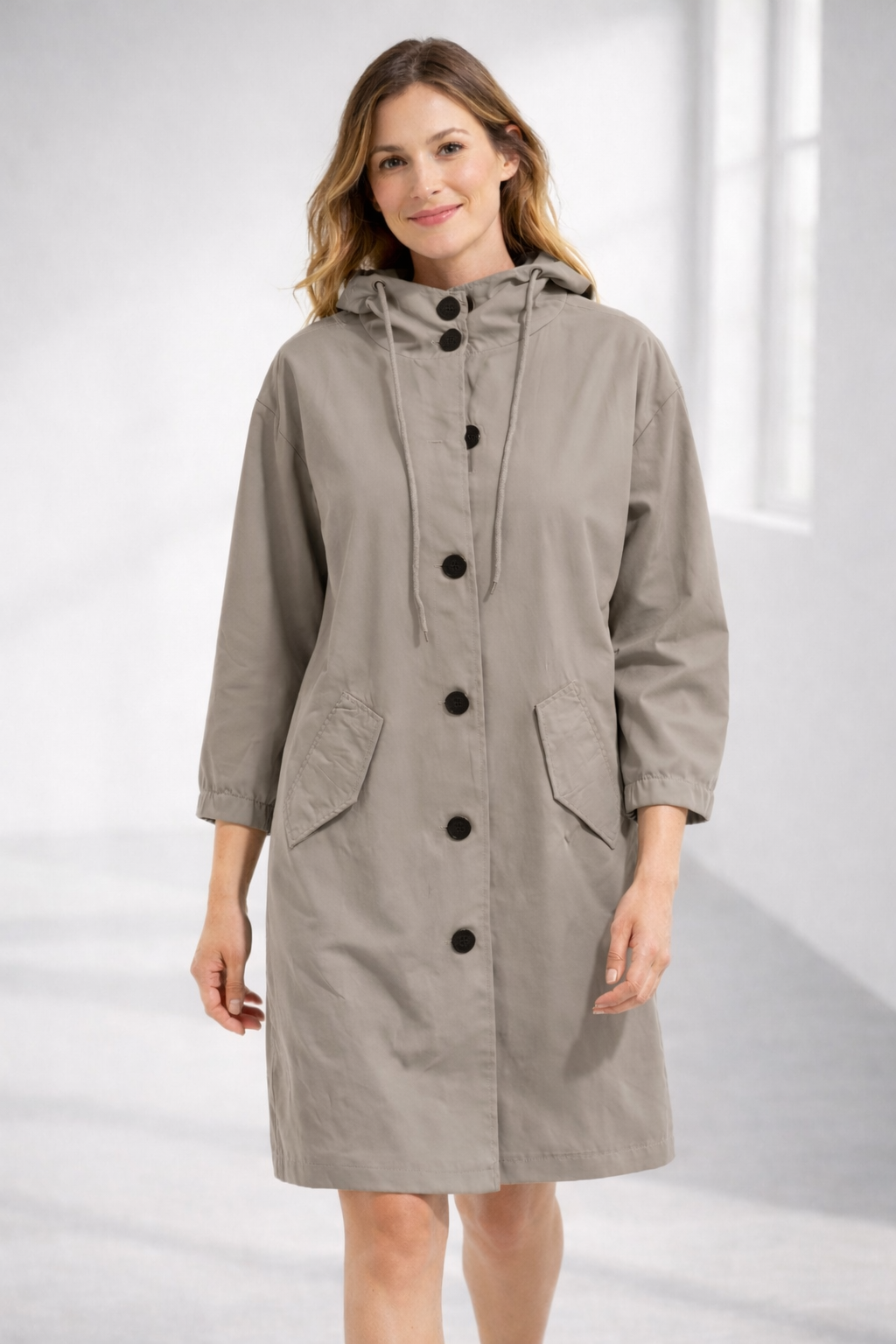 Lavinia | Longline Hooded Wool Winter Coat Black Fur Puffer — Beige