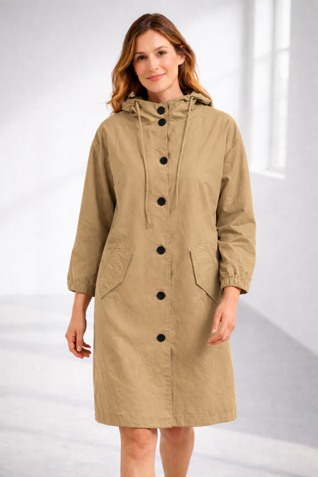 Lavinia | Longline Hooded Wool Winter Coat Black Fur Puffer — Apricot