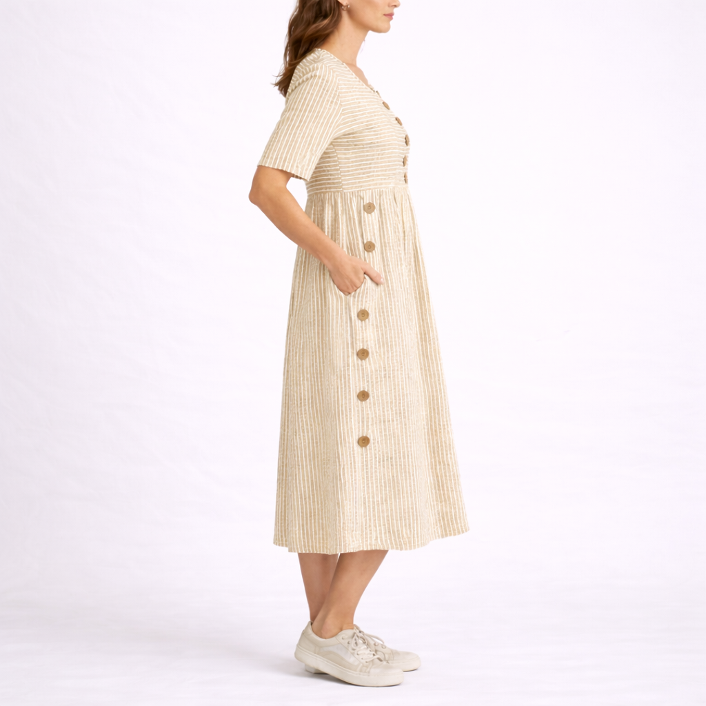 Lavinia | Striped Babydoll Midi Dress In Blue Beige Grey