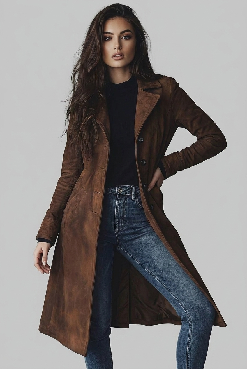 Isolde | Black Suede Leather Wool Trench Coat Smart Occasion — Dark Brown
