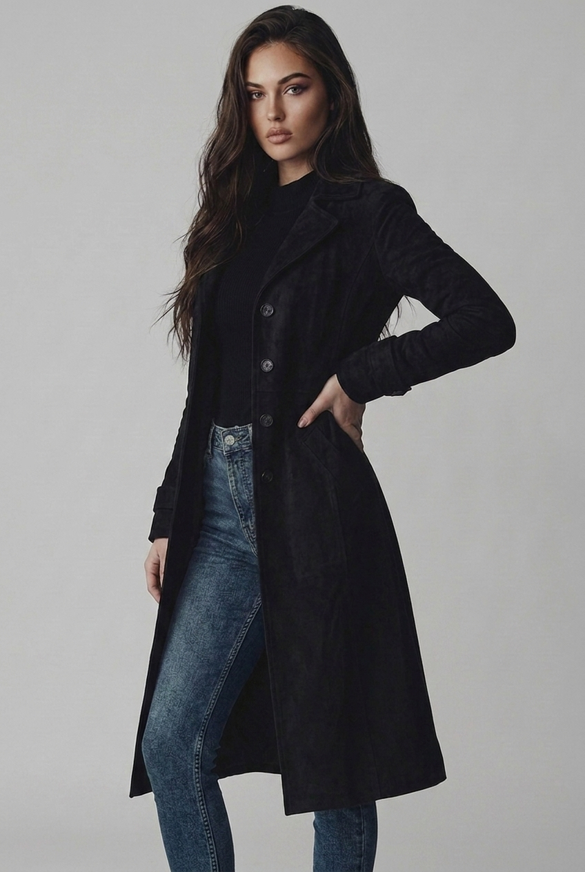 Isolde | Black Suede Leather Wool Trench Coat Smart Occasion