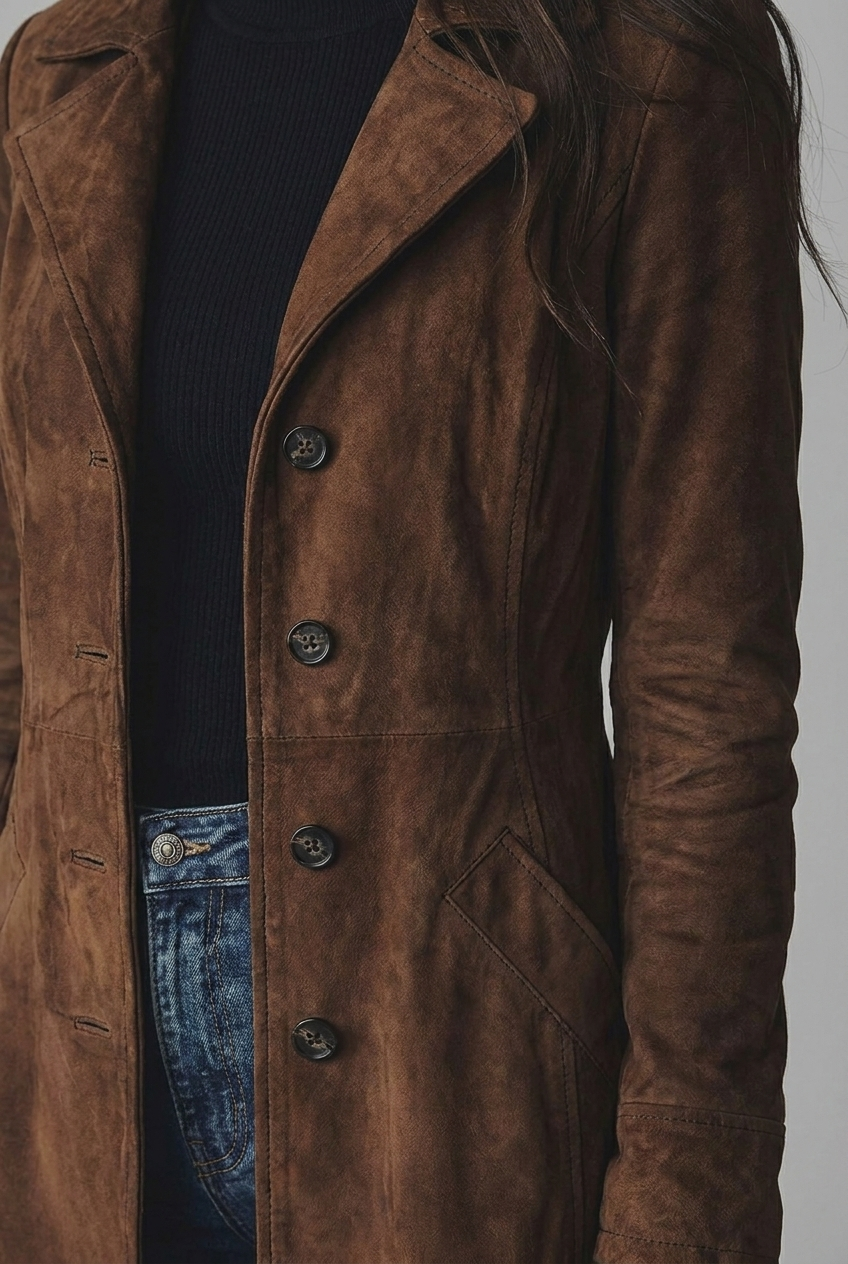 Isolde | Black Suede Leather Wool Trench Coat Smart Occasion