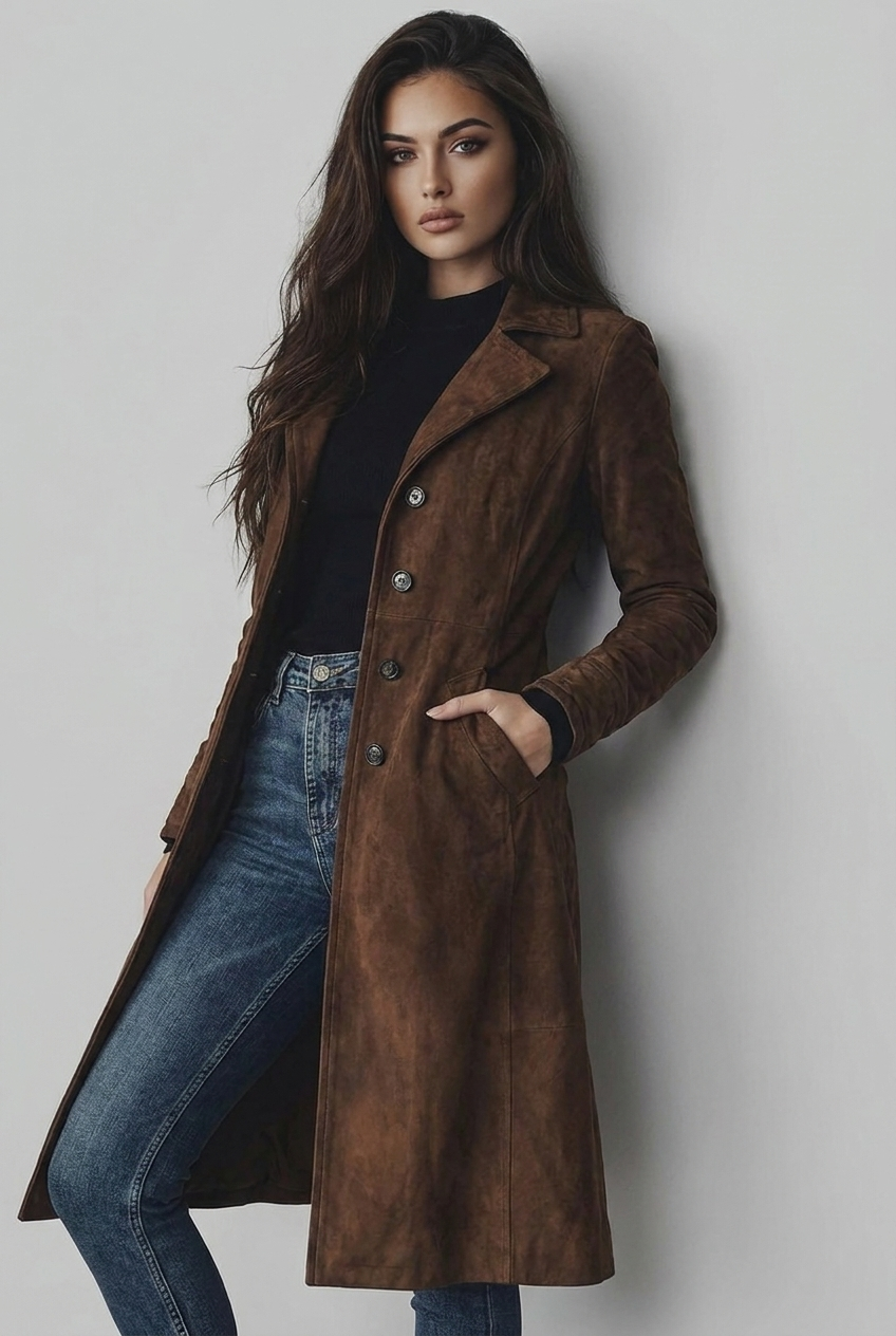 Isolde | Black Suede Leather Wool Trench Coat Smart Occasion