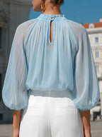 Ophelia | Ladies Pleated High Neck Blouse Sky Blue Workwear