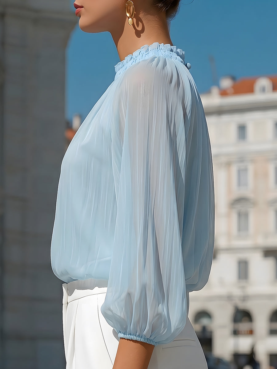 Ophelia | Ladies Pleated High Neck Blouse Sky Blue Workwear
