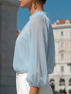 Ophelia | Ladies Pleated High Neck Blouse Sky Blue Workwear