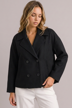 Violaine | Cropped Black Leather Puffer Blazer Jacket — Black