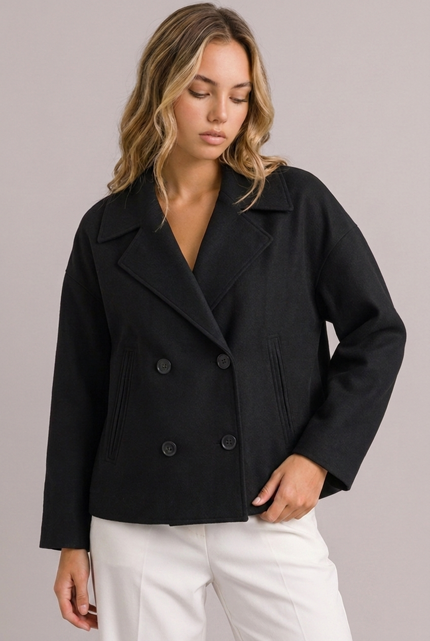 Violaine | Cropped Black Leather Puffer Blazer Jacket — Black