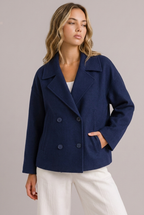 Violaine | Cropped Black Leather Puffer Blazer Jacket — Navy