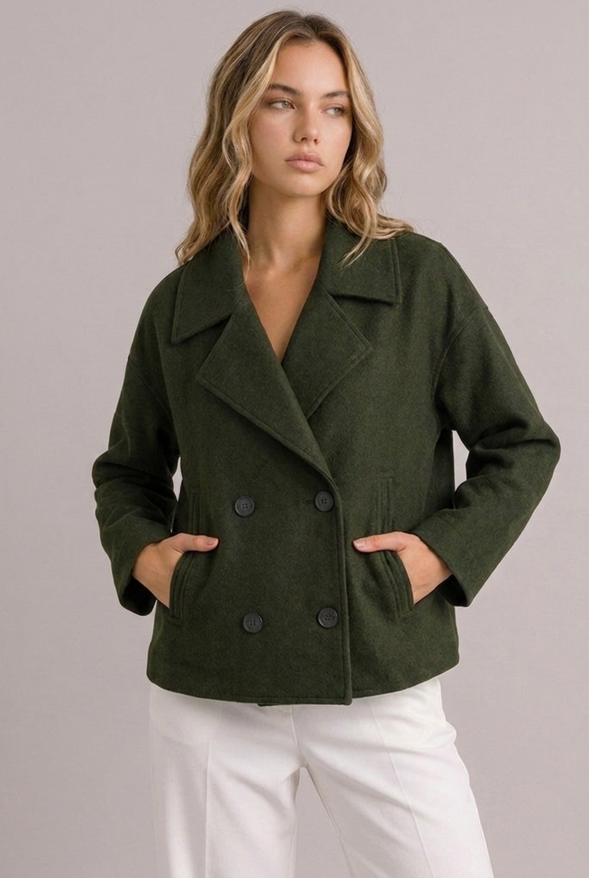 Violaine | Cropped Black Leather Puffer Blazer Jacket — Green