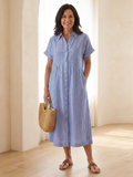Celeste | Black Linen Striped Button Front Midi Dress