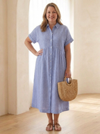 Celeste | Black Linen Striped Button Front Midi Dress