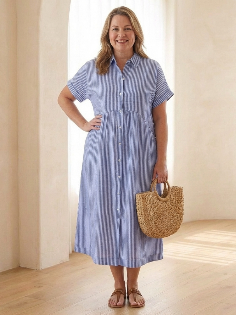 Celeste | Black Linen Striped Button Front Midi Dress