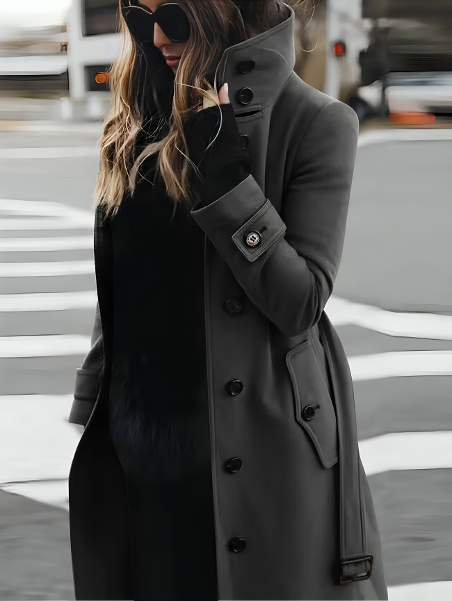 Wilhelmina | Belted Fur Trim Classic Brown White Black Trench Coat — Grey