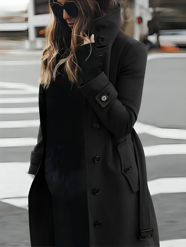 Wilhelmina | Belted Fur Trim Classic Brown White Black Trench Coat — Black