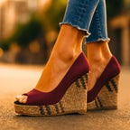 Dominique | Black Strappy Wedge Heels With Snakeskin Print — Red