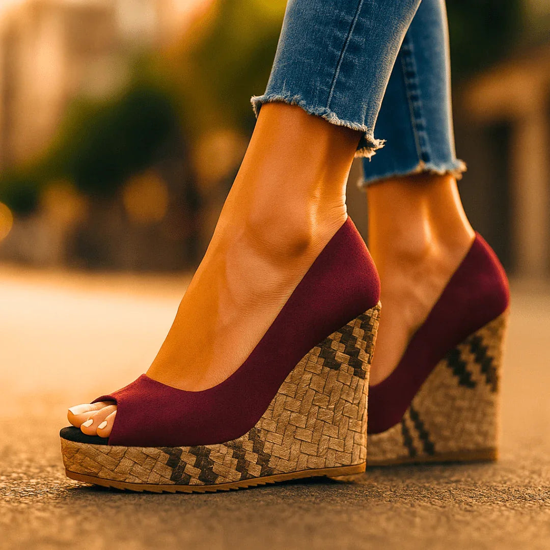 Dominique | Black Strappy Wedge Heels With Snakeskin Print — Red
