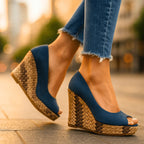 Dominique | Black Strappy Wedge Heels With Snakeskin Print — Blue