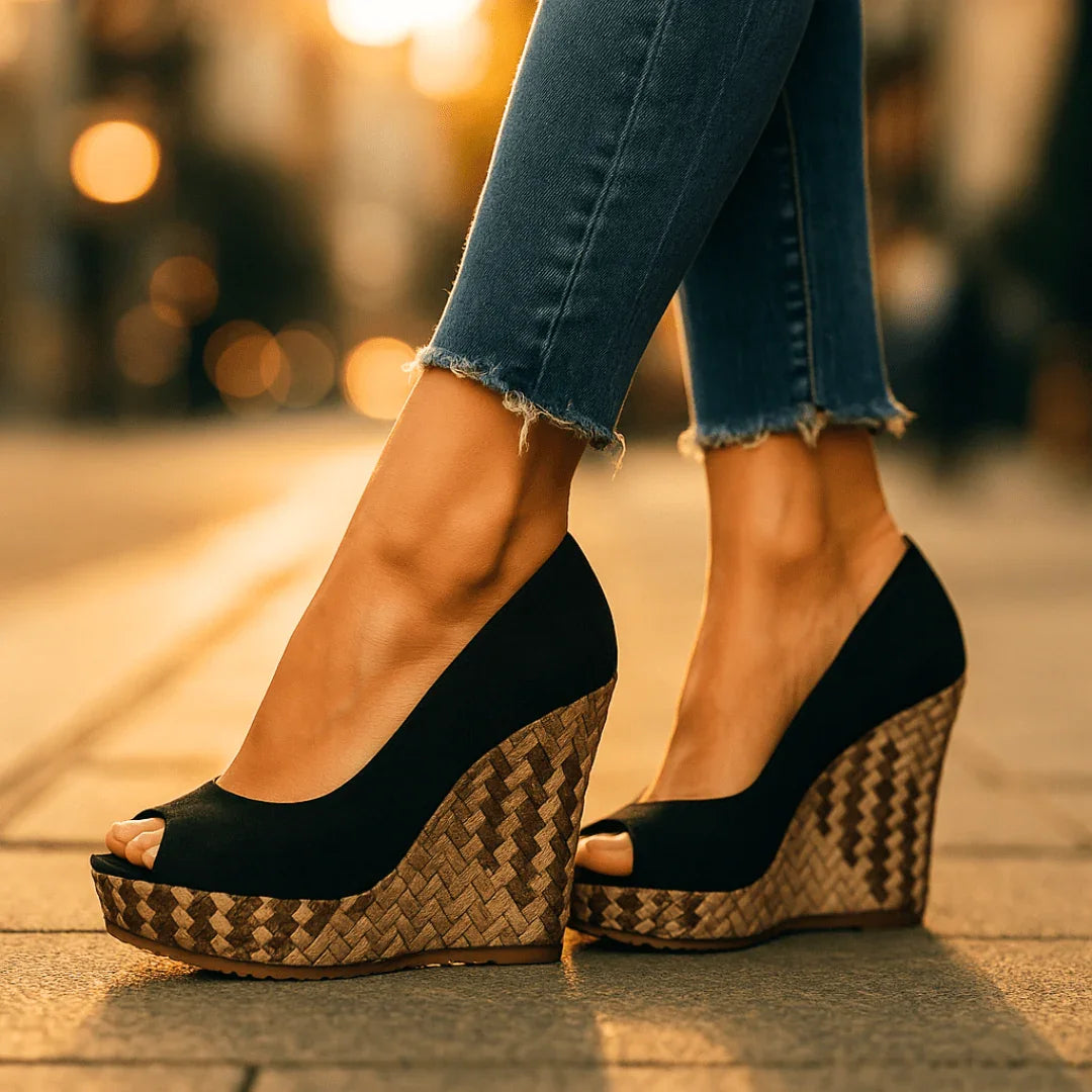 Dominique | Black Strappy Wedge Heels With Snakeskin Print — Black
