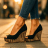Dominique | Black Strappy Wedge Heels With Snakeskin Print