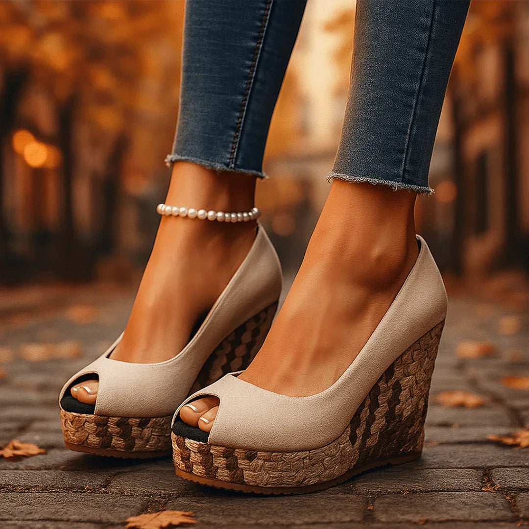 Dominique | Black Strappy Wedge Heels With Snakeskin Print — Beige
