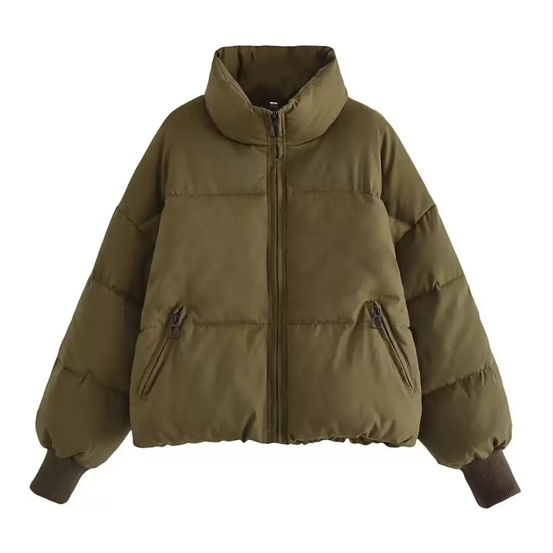 Helena | Cropped Oversized Puffer Jacket With Hood — Olive Green