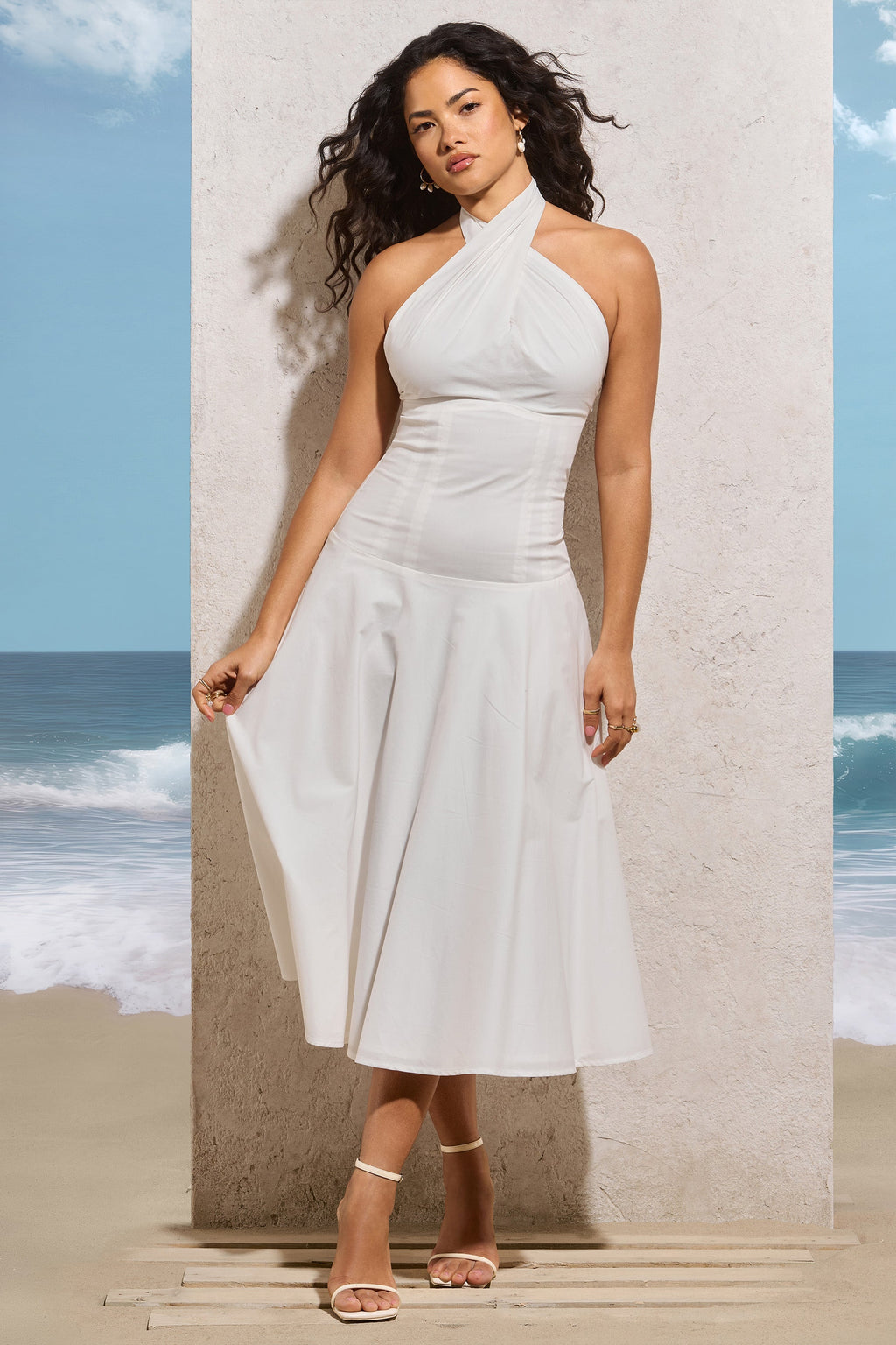 Francesca | White Halter Neck Cross Bodycon Midi Dress