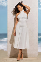 Francesca | White Halter Neck Cross Bodycon Midi Dress