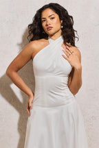 Francesca | White Halter Neck Cross Bodycon Midi Dress