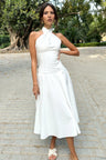 Francesca | White Halter Neck Cross Bodycon Midi Dress