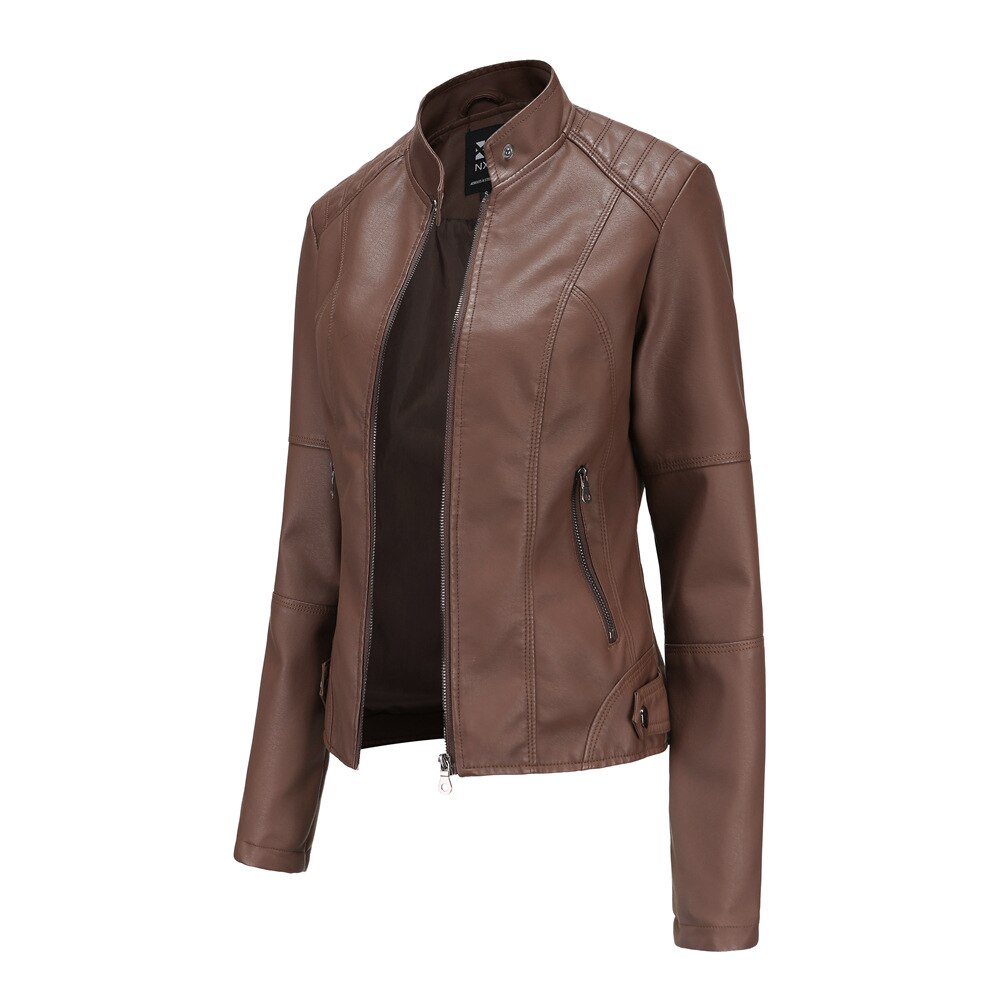 Constance | Faux Leather Biker Jacket Fur Collar Motorcycle — Coffee