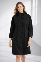 Lavinia | Longline Hooded Wool Winter Coat Black Fur Puffer — Black
